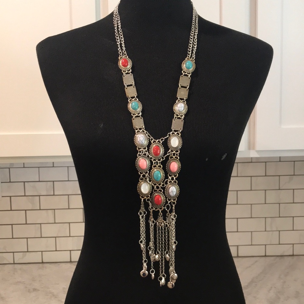 Bohemian Silver Tassel Necklace Maxi Gypsy Ethnic Blue Stone Collar Collier - Picture 2 of 9